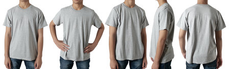 Blank shirt mock up template, front, side and back view, Asian teenage male model wearing plain heather grey t-shirt isolated on white. Tee design mockup presentation for printの写真素材