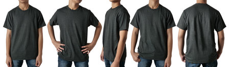 Black t-shirt mock up, front, side and back view, isolated. Teenage male model wear plain heather black shirt mockup. Tshirt design template. Blank tee for printの写真素材