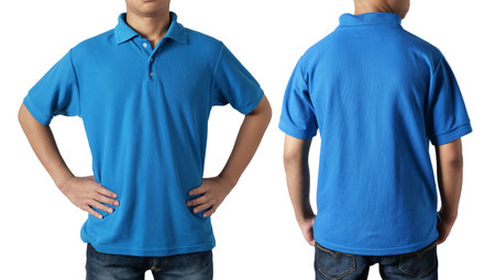 Blank collared shirt mock up template, front and back view, Asian teenage male model wearing plain blue t-shirt isolated on white. Polo tee design mockup presentation for printの写真素材