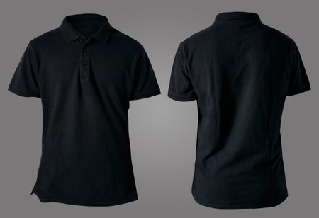 Blank collared shirt mock up template, front and back view,  plain black t-shirt isolated on grey. Polo tee design mockup presentation for printの写真素材