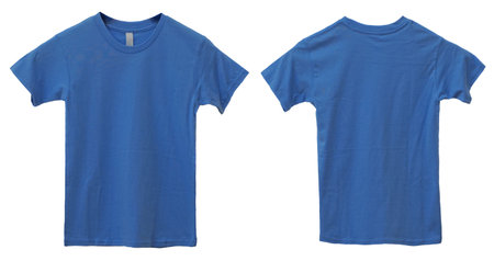 Blue kids t-shirt mock up, front and back view, isolated. Plain light blue shirt mockup. Tshirt design template. Blank tee for printの写真素材