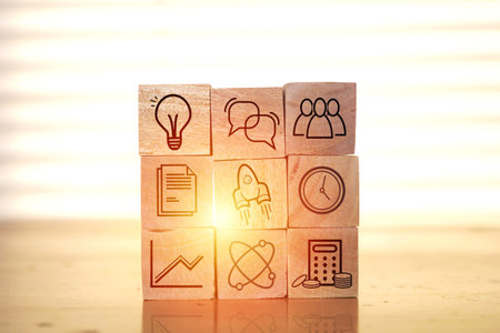 Business startup icons drawnn with wooden letter, life and business motivational inspirational conceptの写真素材