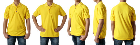 Blank collared shirt mock up template, front side and back view, Asian teenage male model wearing plain yellow t-shirt isolated on white. Polo tee design mockup presentation for printの写真素材