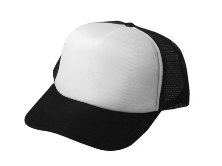 White and black trucker cap hat mockup template, isolated cut outの写真素材