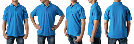 Blank collared shirt mock up template, front side and back view, Asian teenage male model wearing plain blue t-shirt isolated on white. Polo tee design mockup presentation for printの写真素材