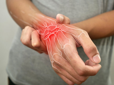 Anonymous person touching his wrist, suferring from arthritis disease, close up against grey backgroundの写真素材