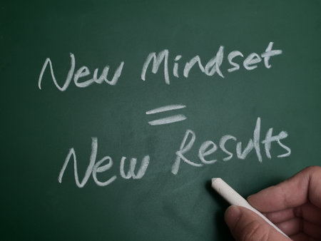 New mindset results, text words typography written on chalkboard, business education and self development conceptの写真素材
