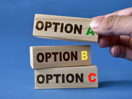 Option A B C, text words typography written on wooden blocks, business life and self development conceptの写真素材