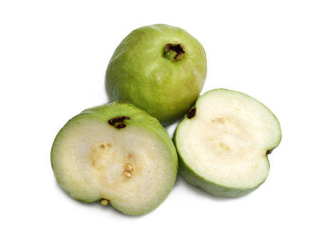 Guava, green organic ripe fresh exotic tropical fruit isolated cut out on whiteの写真素材