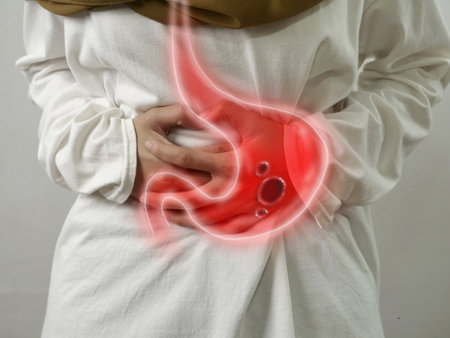 Digital composition of gastric ulcer on sick person, woman with stomach pain, health and medical  conceptの写真素材