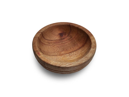Wooden textured mortar bowl plate , cut out isolated on whiteの写真素材