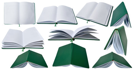 Set collection of blank empty copy space white open book in various position cut out isolatedの写真素材