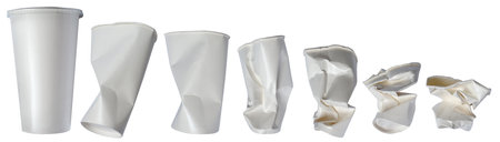Set of crumpled white paper cup in various shape, cut out isolatedの写真素材