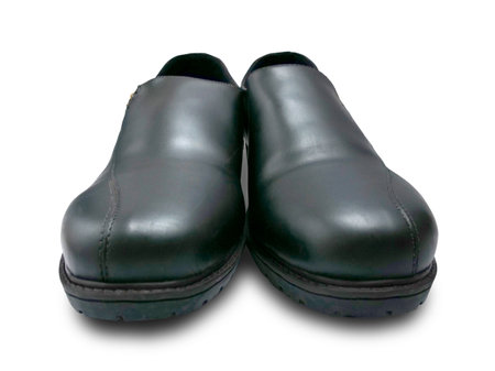 Mens black leather shoes, cut out isolated on white, front viewの写真素材