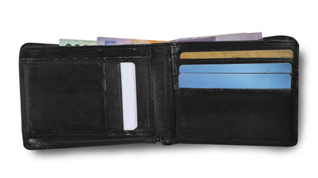 Men's black leather wallet with some money and cards in it, cut out isolated on white