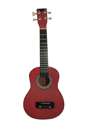 Red six string guitar, musical instrument, isolated on whiteの写真素材