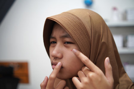 Young Asian muslim woman checking for pimples on her face in front of a mirror, worried expression