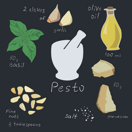 Illustration of ingredients for pesto sauceのイラスト素材