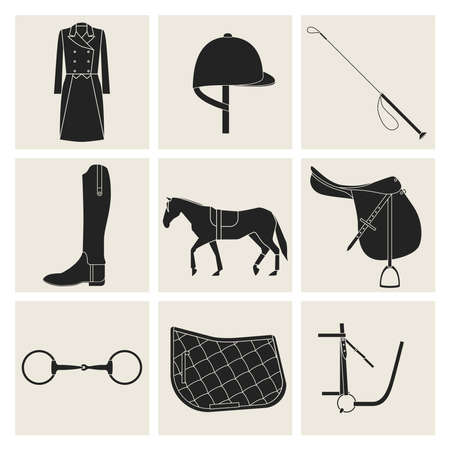 Nine black flat icons of horseback riding equipment in gray squares.のイラスト素材