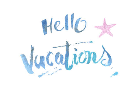 Card design with hand drawn lettering "Hello vacations" with watercolor texture and pink decorative sea star.のイラスト素材