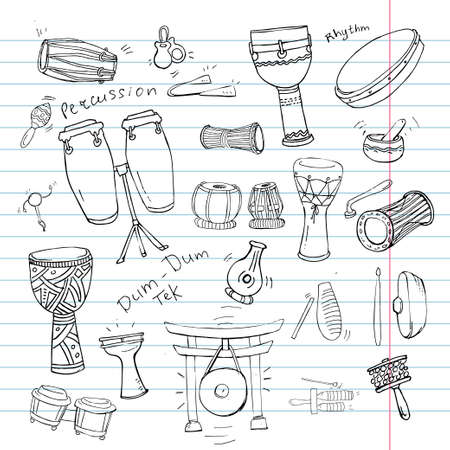 Hand drawn doodles collection of different kinds of African, Indian, Brazilian and Oriental drums.のイラスト素材