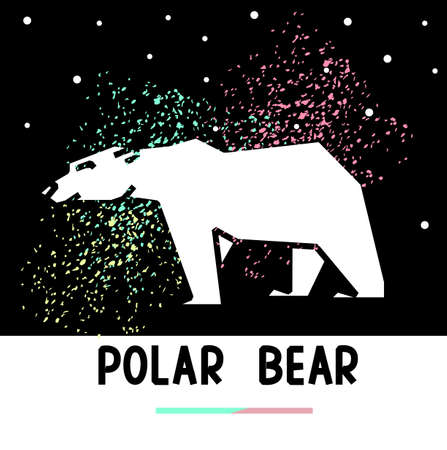 Walking polar bear and night sky with aurora borealis. Polar bear polygonal  design.のイラスト素材
