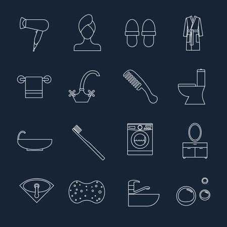 Items for bathroom. Set of white linear icons on a dark blue background.のイラスト素材