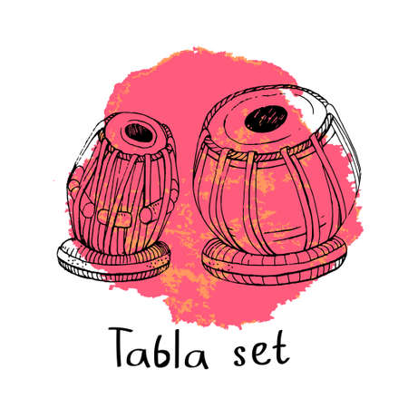 Hand drawn sketch of a traditional Indian percussion instrument tabla on a big stain in pink and...