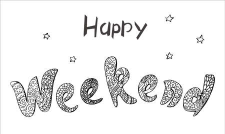 Happy weekend. Hand drawn lettering filled with doodle stars,circles, dots, lines.のイラスト素材