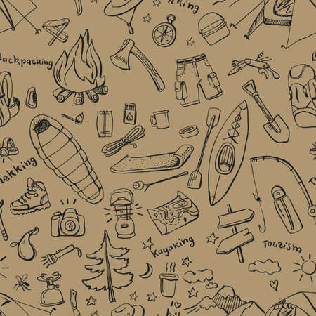 Seamless pattern with hand drawn doodles of camping gear.のイラスト素材