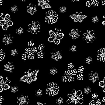 Seamless pattern with flowers and butterflies. White hand drawn doodles on black background.のイラスト素材