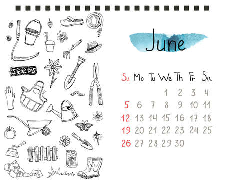 Calendar page template with hand drawn gardening doodles.のイラスト素材
