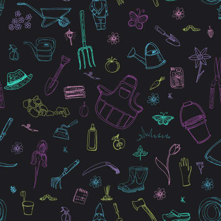 Hand drawn doodles of gardening tools, plants, pests. Seamless pattern on black background.のイラスト素材