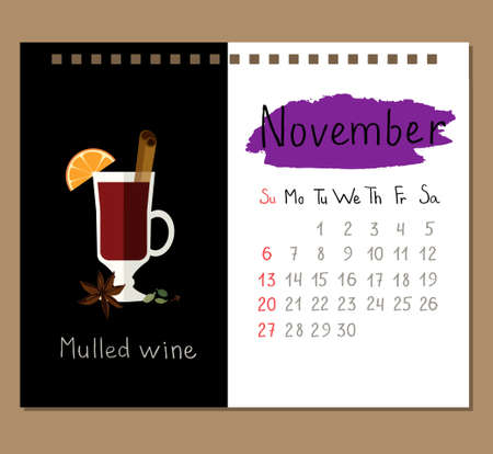 calendar page template for November with mulled wine and spices.のイラスト素材