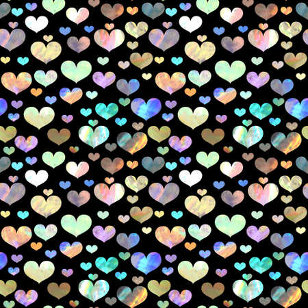 Seamless pattern with holographic hearts on black background. Valentine's day iridescent backdropの写真素材
