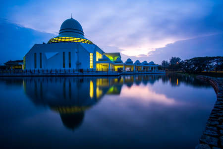 Beautiful view of An-Nur Mosque at Petronas Technology University Seri Iskandar,Perak,Malaysia during sunrise. Soft focus,blur due to long exposureのeditorial素材