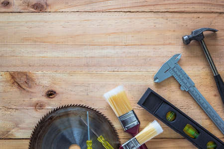 Carpenter tools on wood board, Use for as background