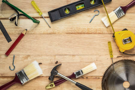 Carpenter tools on wood board, Use for as background