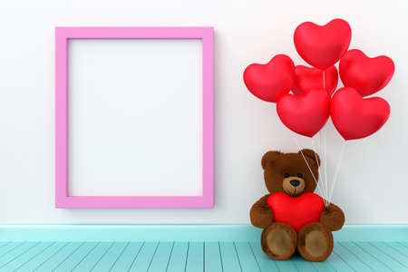 A photo of Teddy bear holding balloon heart sharp with blank board for copy space, 3D rendering with...