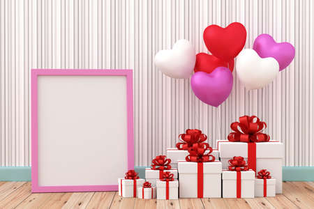 A photo of White gift box with balloon heart sharp on wood floor, 3D renderring with blender freewareの写真素材