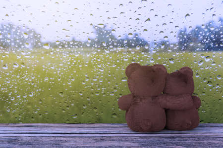 A photo of Two teddy bears hugging with water drop on glass background, 3D rendering with blender freewareの写真素材
