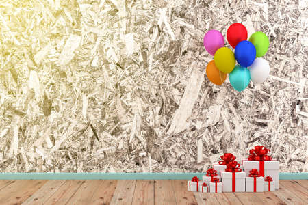 A photo of white gift box and colorful balloon with grung texture background, 3D rendering with blender freewareの写真素材