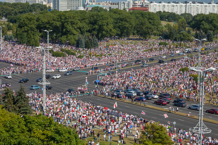 Minsk, Belarus - 16 August 2020. Peaceful protests on the streets of Minsk in Belarus following the...