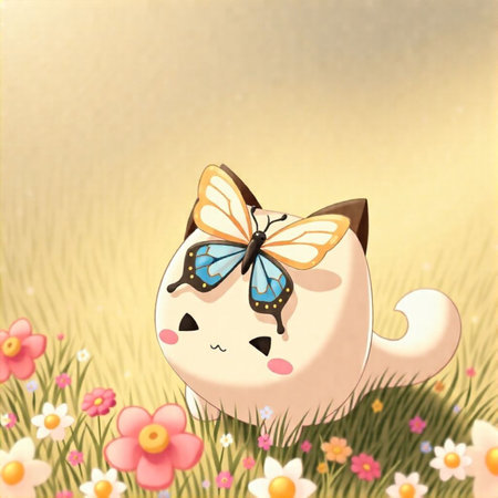 Illustration of a cute cat with a butterfly on a flower meadowの写真素材