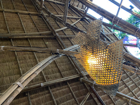 Lamp on the roof of a bamboo house in Borneo.の写真素材