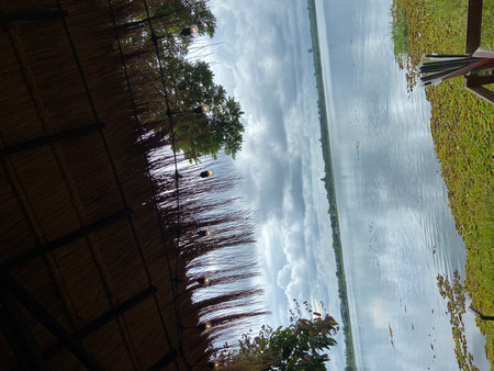 View from the top of a bamboo raft in the lake in Thailandの写真素材