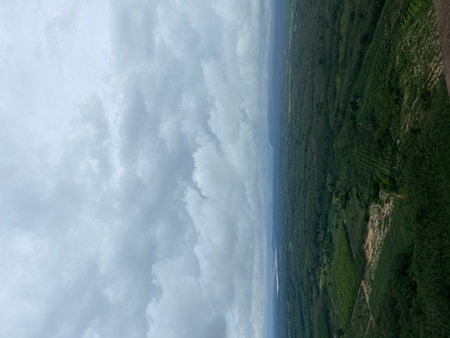 Aerial view of blue sky with white clouds and green grass.の写真素材