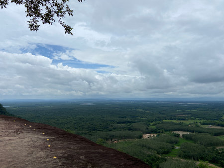 View from the top of the mountain to the valley and the forestの写真素材