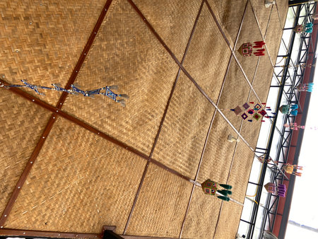 Thai style roof made from bamboo and rattan in the market.の写真素材