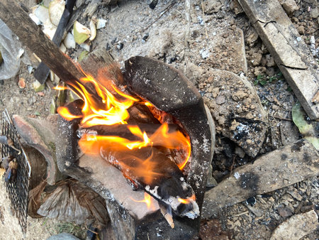 Burning fire in a black iron pot on the firewood.の写真素材